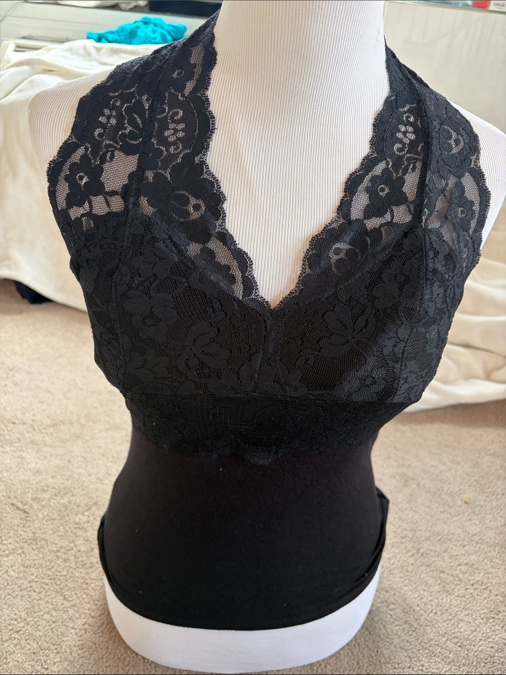 Pretty Black Fabric &Lace Halter Top